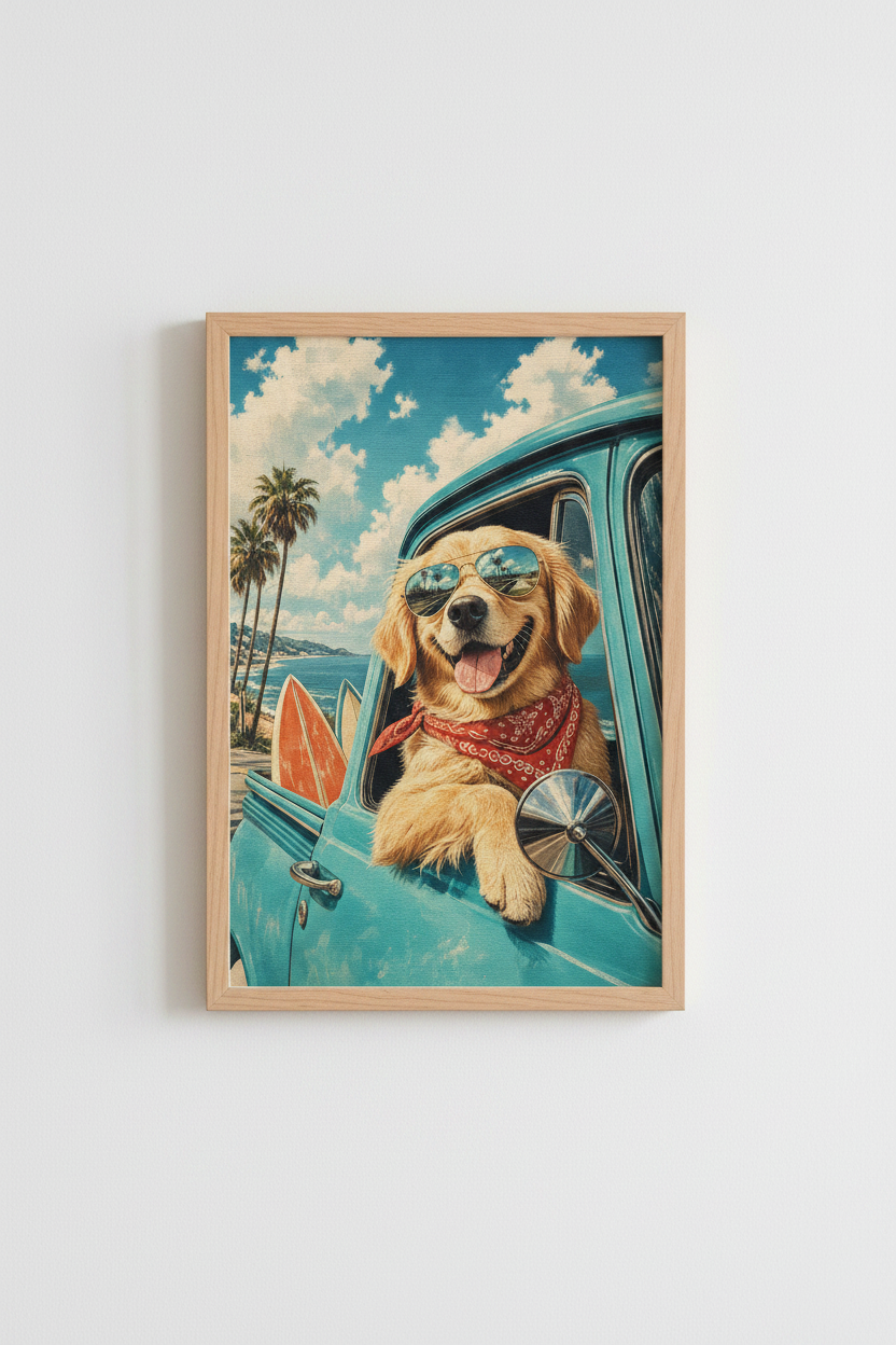 Retro Dog Wall Art | Golden Retriever Surf Poster, California Coastal Beach Decor