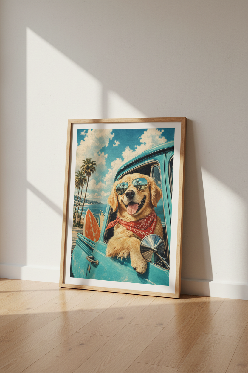 Retro Dog Wall Art | Golden Retriever Surf Poster, California Coastal Beach Decor