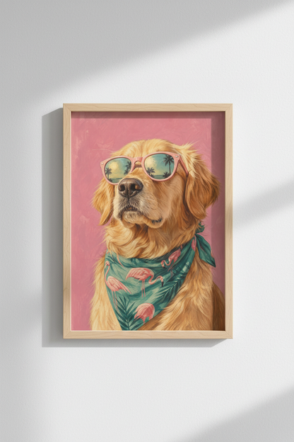 Golden Retriever Wall Art Print | Pink Tropical Dog Poster | Preppy Room Decor