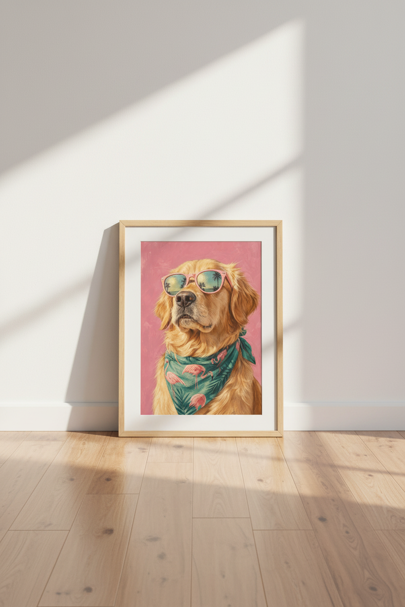 Golden Retriever Wall Art Print | Pink Tropical Dog Poster | Preppy Room Decor