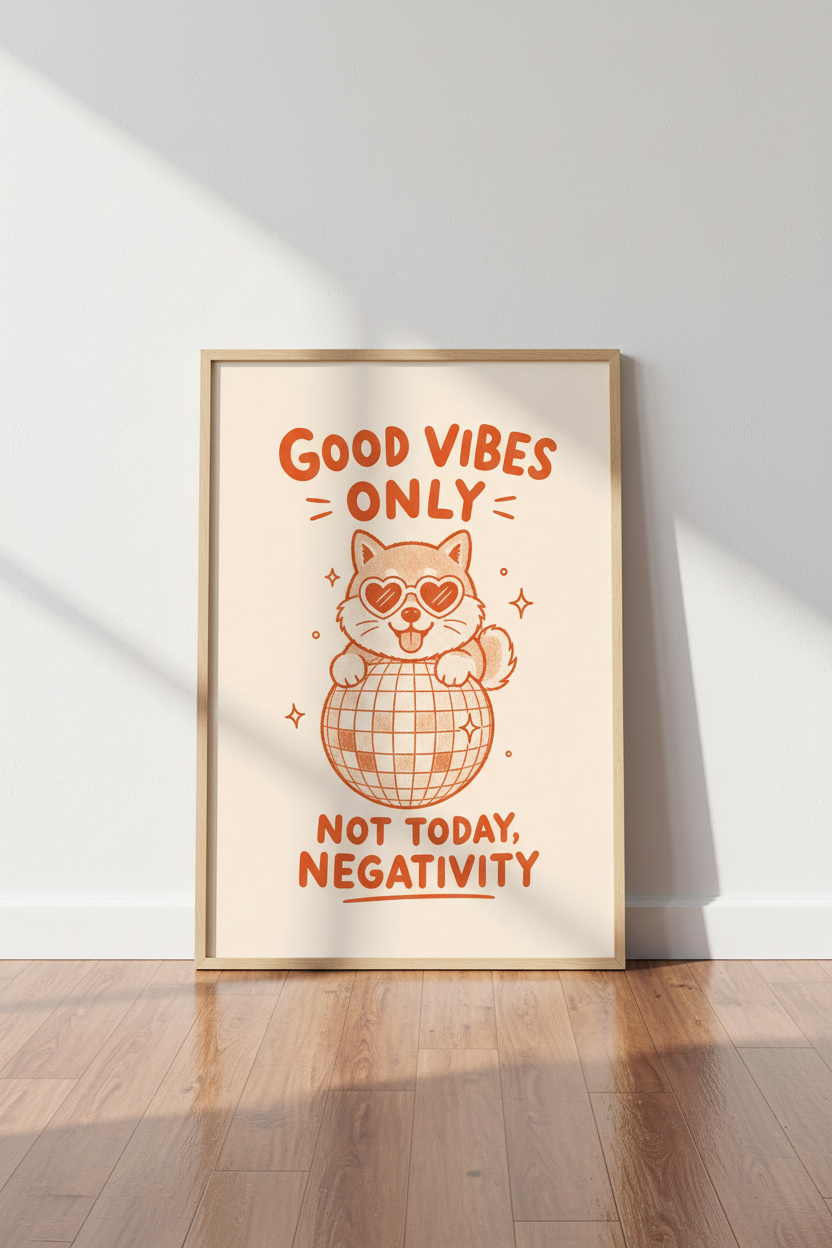 Minimal Disco Cat Wall Art Print | Living Room Decor | Whimsical Poster