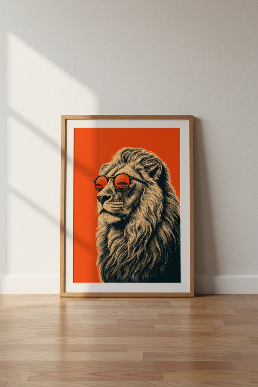 Cool Lion with Sunglasses Wall Art | Orange Safari Poster | Modern Home Decor