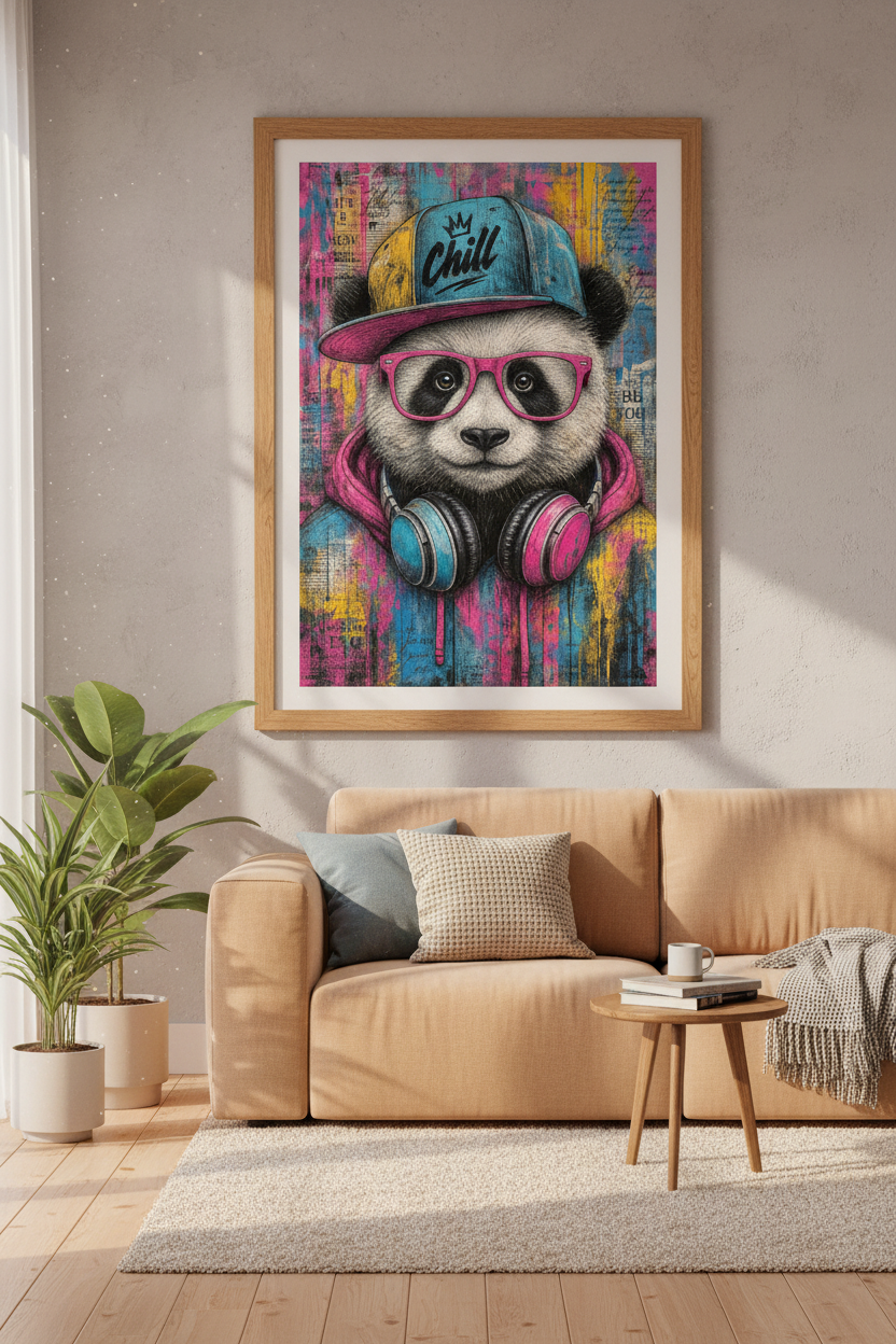 Chill Panda Street Art | Colorful Graffiti Animal Poster, Modern Gaming Room Decor