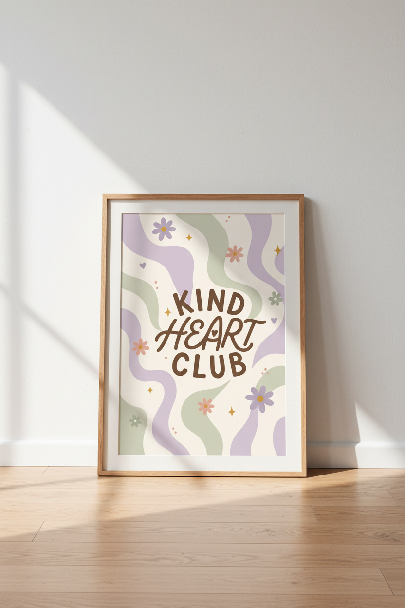 Kind Heart Club Retro Wall Art | Pastel Nursery Decor | Groovy Daisy Poster