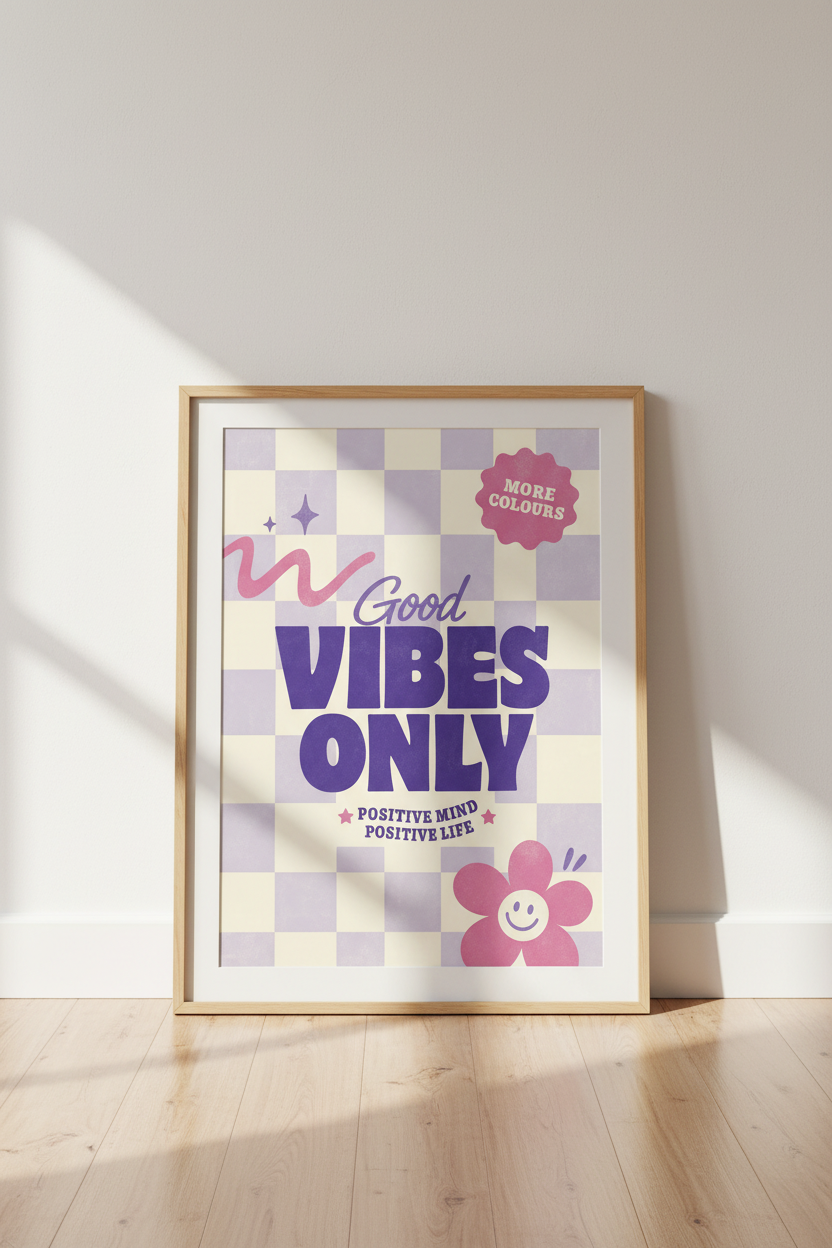 Good Vibes Only Retro Wall Art | Lavender Checkered Poster | Positive Quote Print
