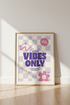 Good Vibes Only Retro Wall Art | Lavender Checkered Poster | Positive Quote Print
