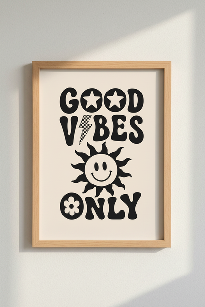 Good Vibes Only Retro Wall Art | 70s Aesthetic Sun Poster | Groovy Dorm Decor