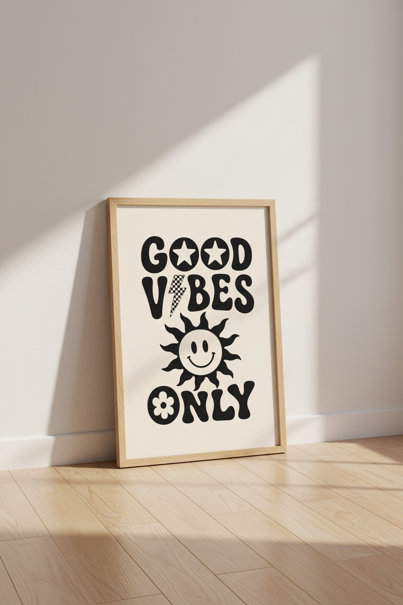 Good Vibes Only Retro Wall Art | 70s Aesthetic Sun Poster | Groovy Dorm Decor