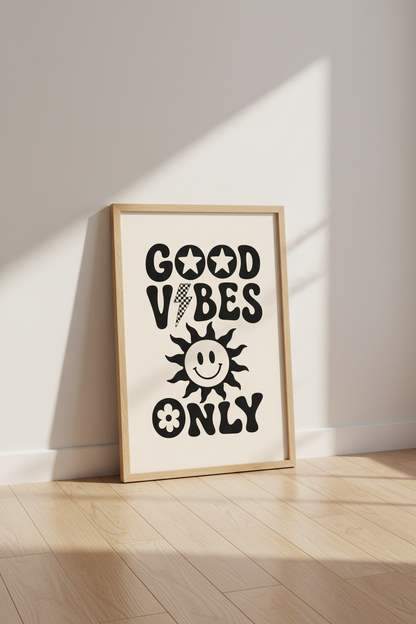 Good Vibes Only Retro Wall Art | 70s Aesthetic Sun Poster | Groovy Dorm Decor