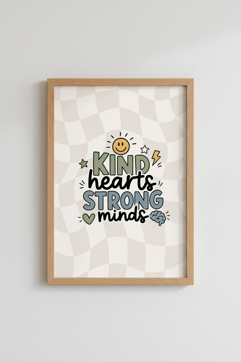 Kind Hearts Strong Minds Wall Art | Retro Sage Green Decor | Groovy Positive Poster