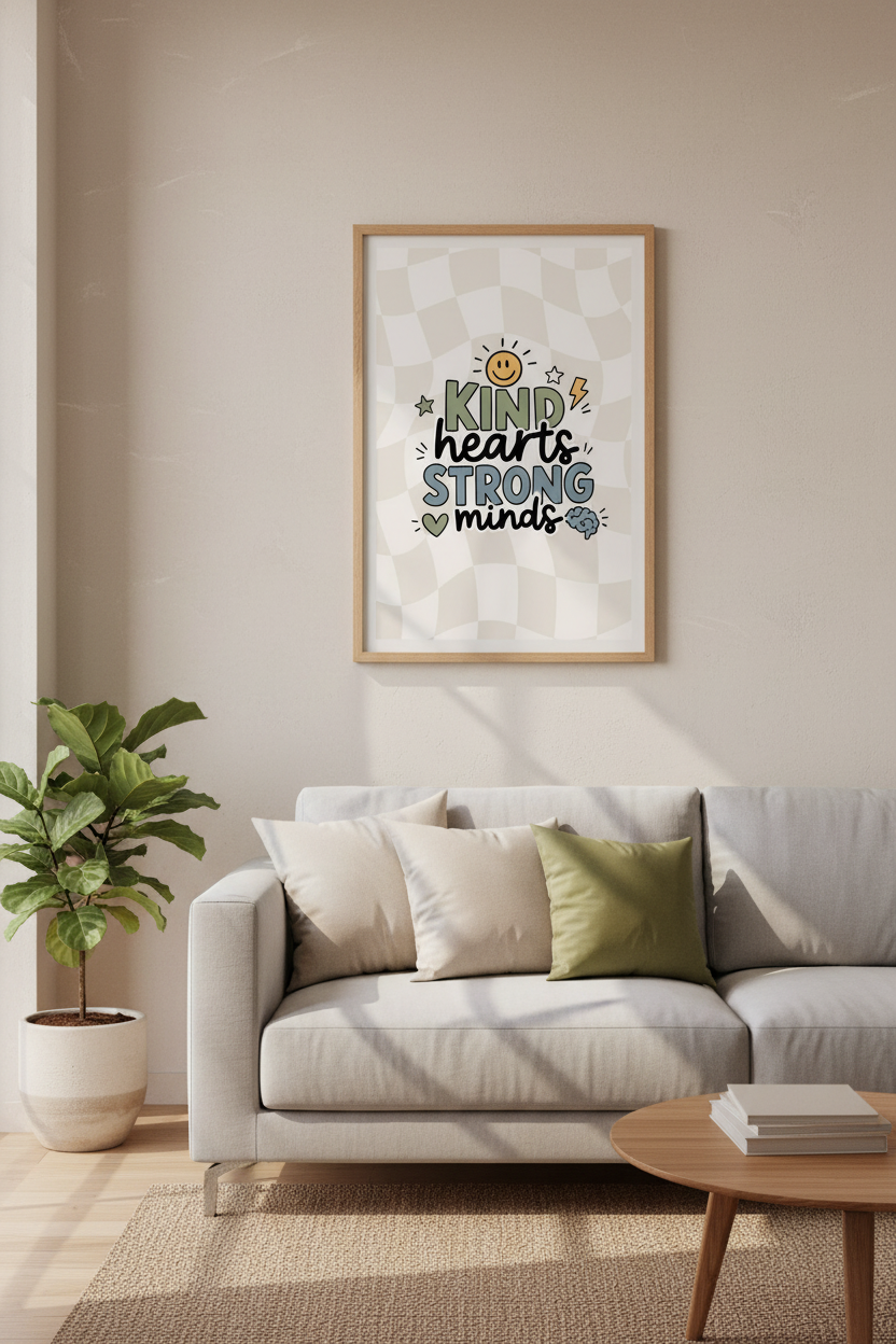 Kind Hearts Strong Minds Wall Art | Retro Sage Green Decor | Groovy Positive Poster