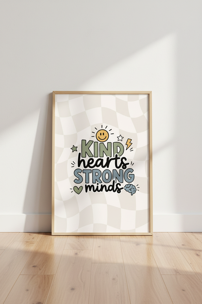 Kind Hearts Strong Minds Wall Art | Retro Sage Green Decor | Groovy Positive Poster