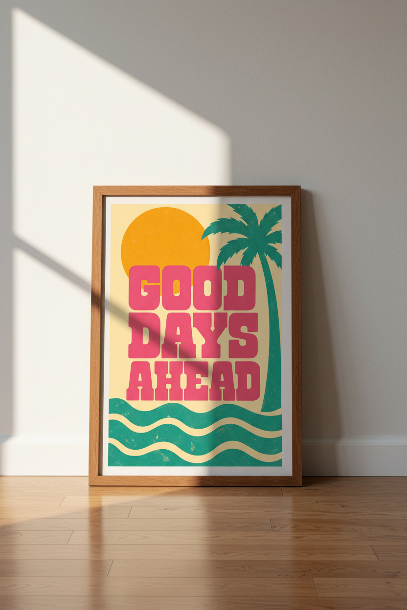 Good Days Ahead Wall Art | Retro Tropical Pink &amp; Teal Print, Coastal Living Room Decor