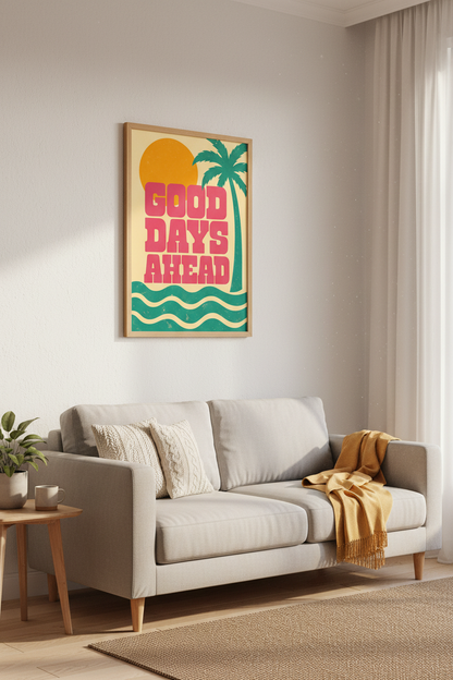 Good Days Ahead Wall Art | Retro Tropical Pink &amp; Teal Print, Coastal Living Room Decor