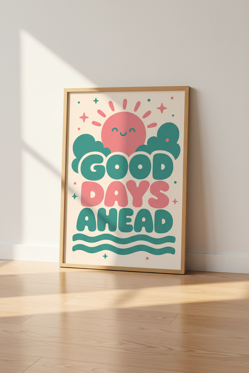Good Days Ahead Wall Art | Retro Sun Pink &amp; Teal Poster | Positive Quote Decor