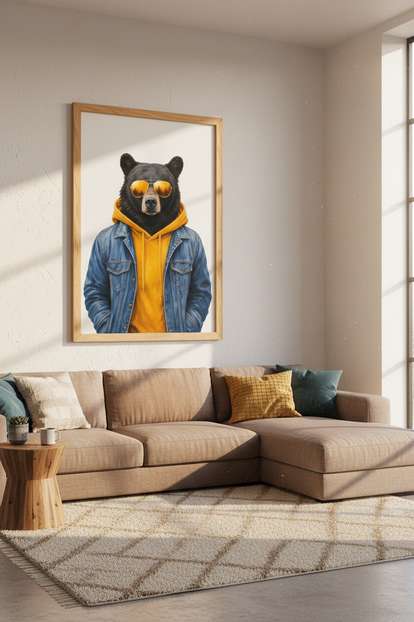 Bear Denim Wall Art | Cool Animal Poster, Streetwear Black Bear for Office Decor