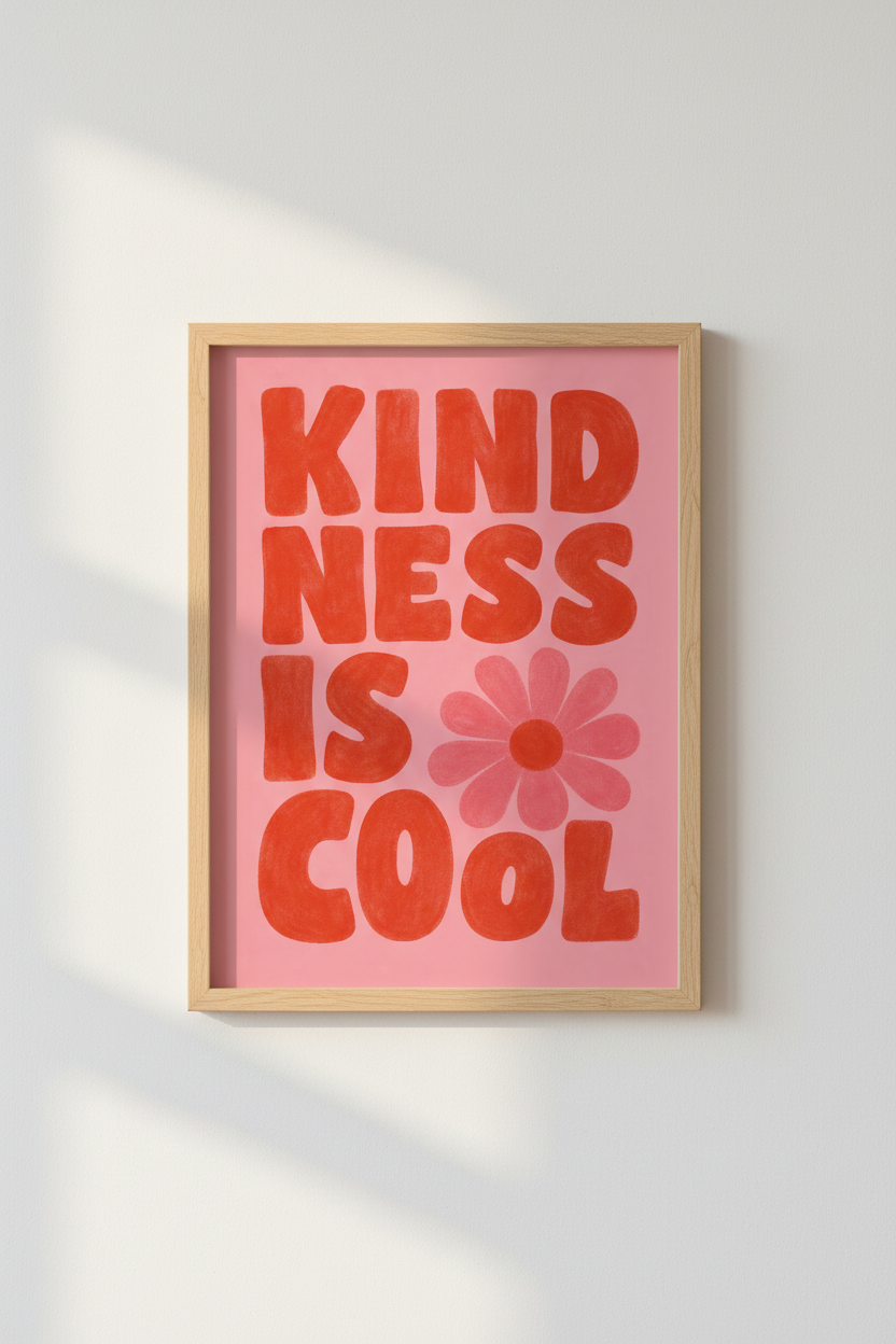 Kindness Is Cool Wall Art | Retro Pink &amp; Red Quote Poster | Trendy Dorm Room Decor