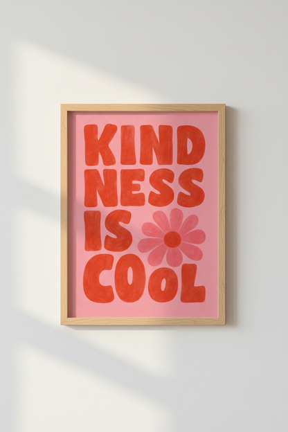Kindness Is Cool Wall Art | Retro Pink &amp; Red Quote Poster | Trendy Dorm Room Decor