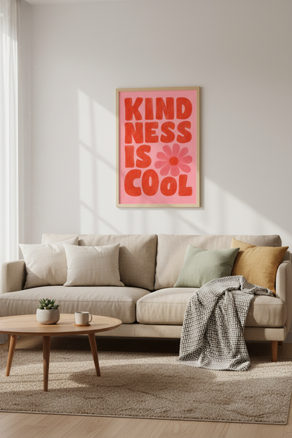 Kindness Is Cool Wall Art | Retro Pink &amp; Red Quote Poster | Trendy Dorm Room Decor