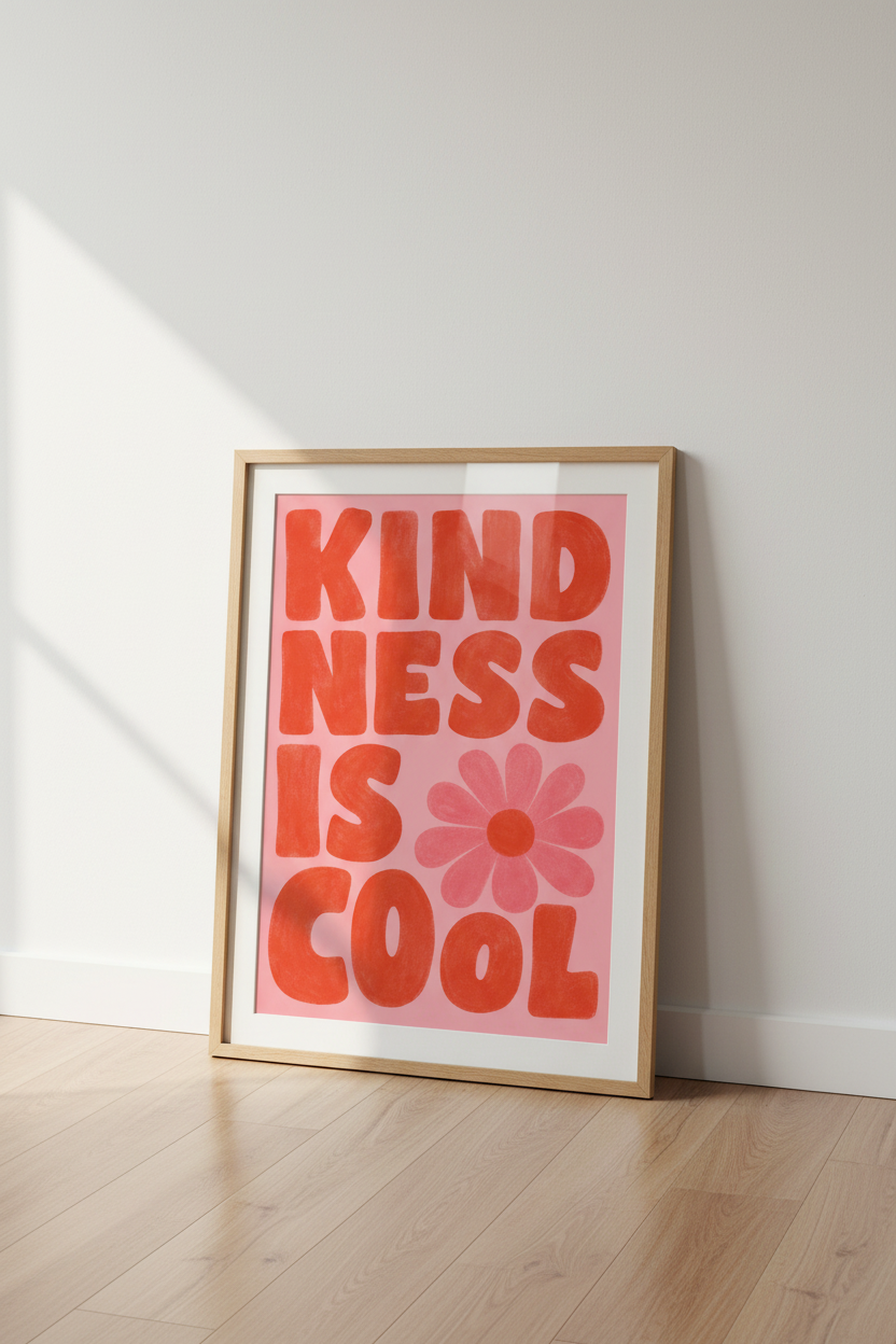 Kindness Is Cool Wall Art | Retro Pink &amp; Red Quote Poster | Trendy Dorm Room Decor