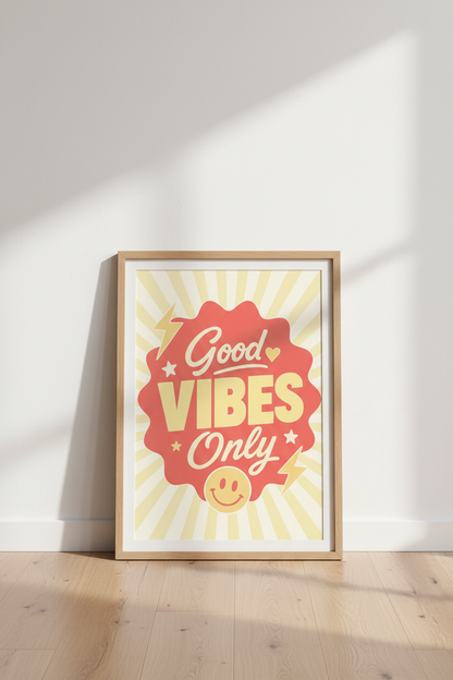 Good Vibes Only Print | Retro Yellow &amp; Red Smiley Wall Art, Dopamine Decor Poster