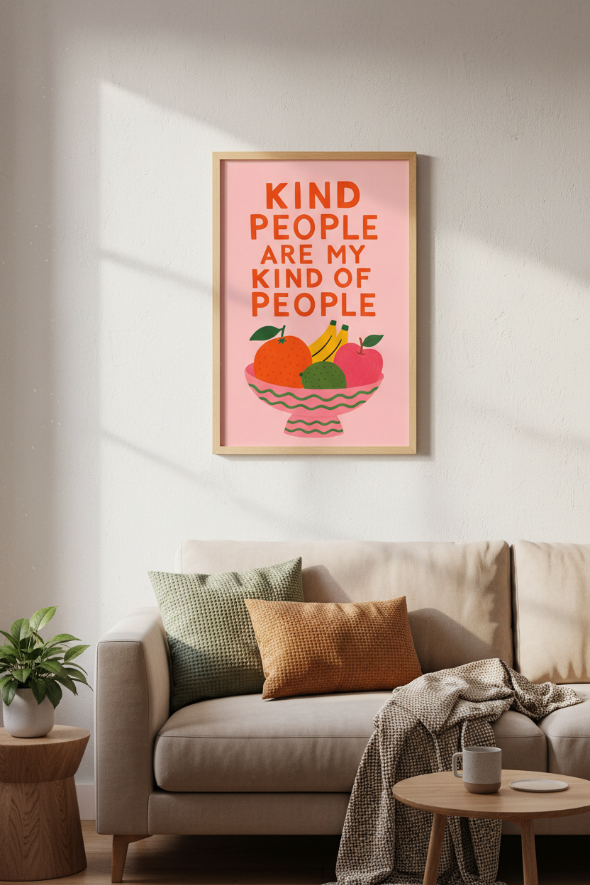 Kind People Wall Art Print | Colorful Fruit Quote Poster | Pink Kitchen Decor