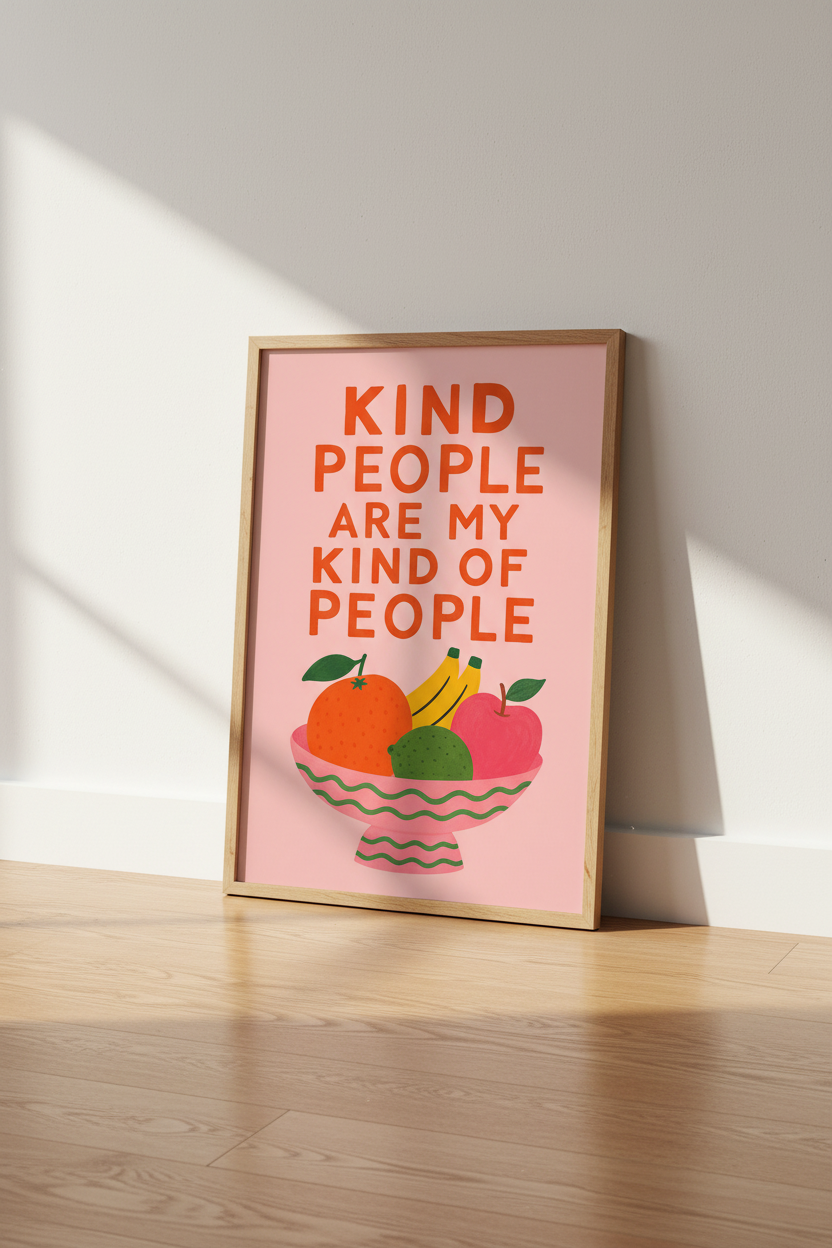Kind People Wall Art Print | Colorful Fruit Quote Poster | Pink Kitchen Decor