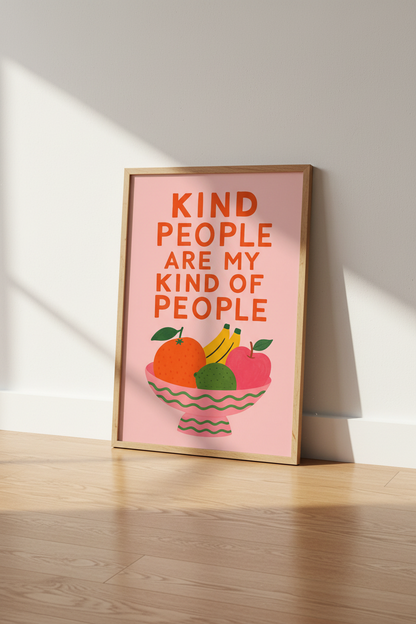 Kind People Wall Art Print | Colorful Fruit Quote Poster | Pink Kitchen Decor