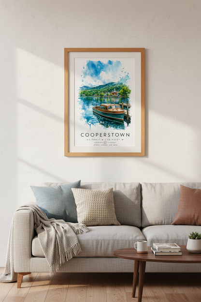 Cooperstown NY Wall Art | Watercolor Lake Boat Poster, Home Office Decor