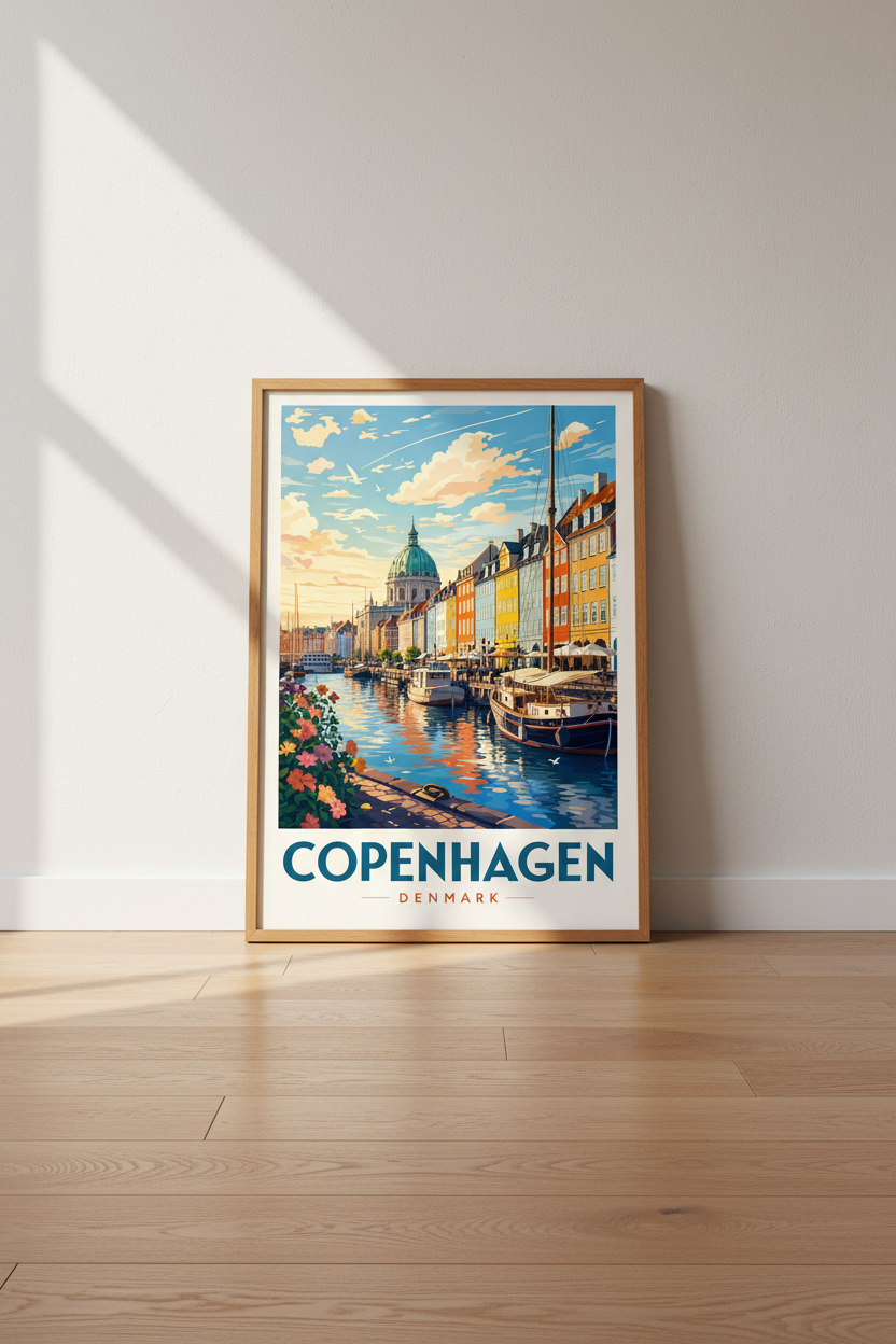 Copenhagen Denmark Travel Poster | Colorful Nyhavn Cityscape, Modern Nordic Wall Art