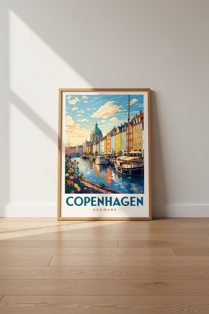 Copenhagen Denmark Travel Poster | Colorful Nyhavn Cityscape, Modern Nordic Wall Art
