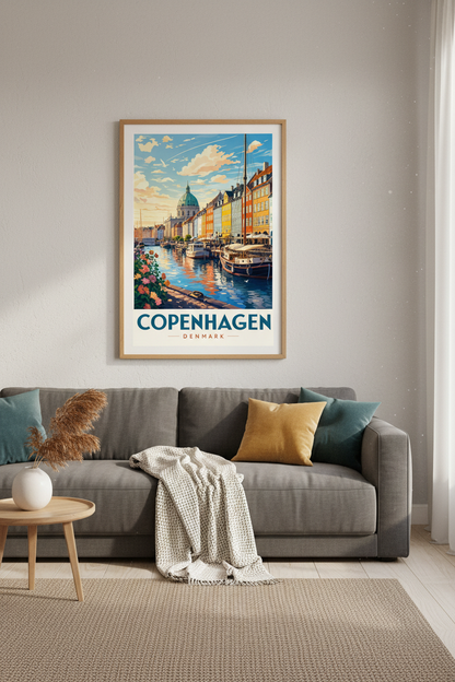 Copenhagen Denmark Travel Poster | Colorful Nyhavn Cityscape, Modern Nordic Wall Art
