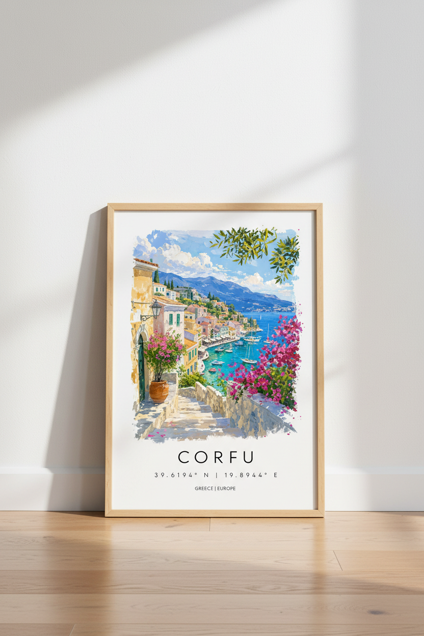 Corfu Greece Travel Poster | Mediterranean Coastal Wall Art | Greek Island Decor