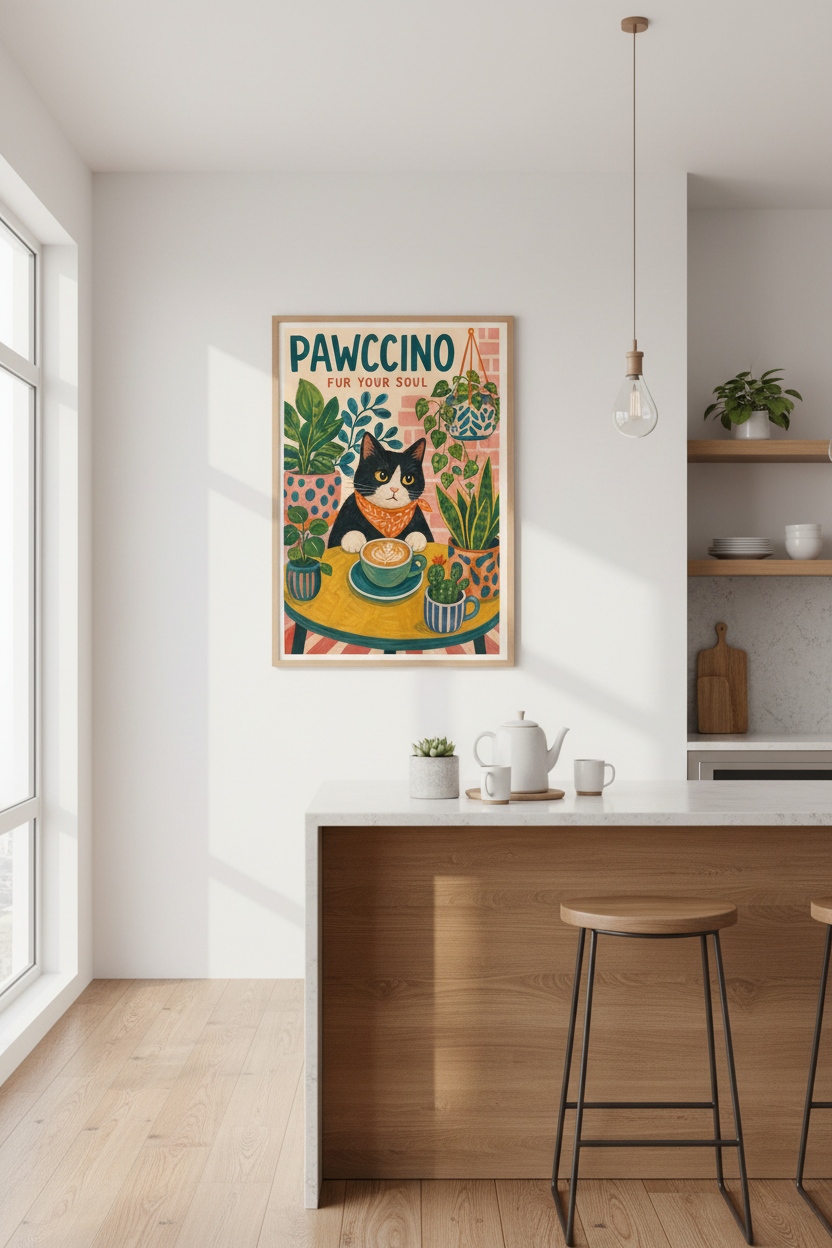 Cat Coffee Wall Art Print | Funny Kitchen Decor | Whimsical Cafe Poster