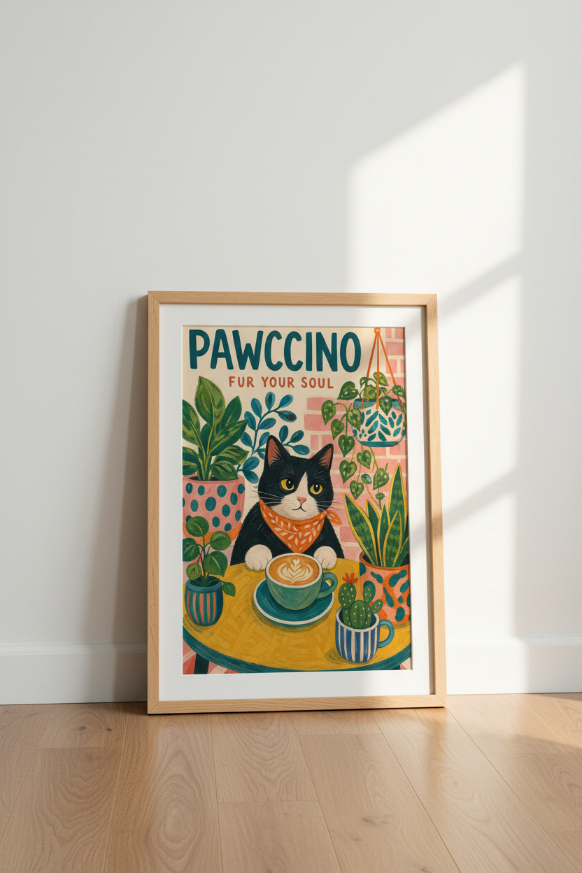 Cat Coffee Wall Art Print | Funny Kitchen Decor | Whimsical Cafe Poster