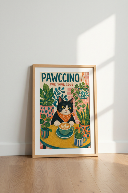 Cat Coffee Wall Art Print | Funny Kitchen Decor | Whimsical Cafe Poster