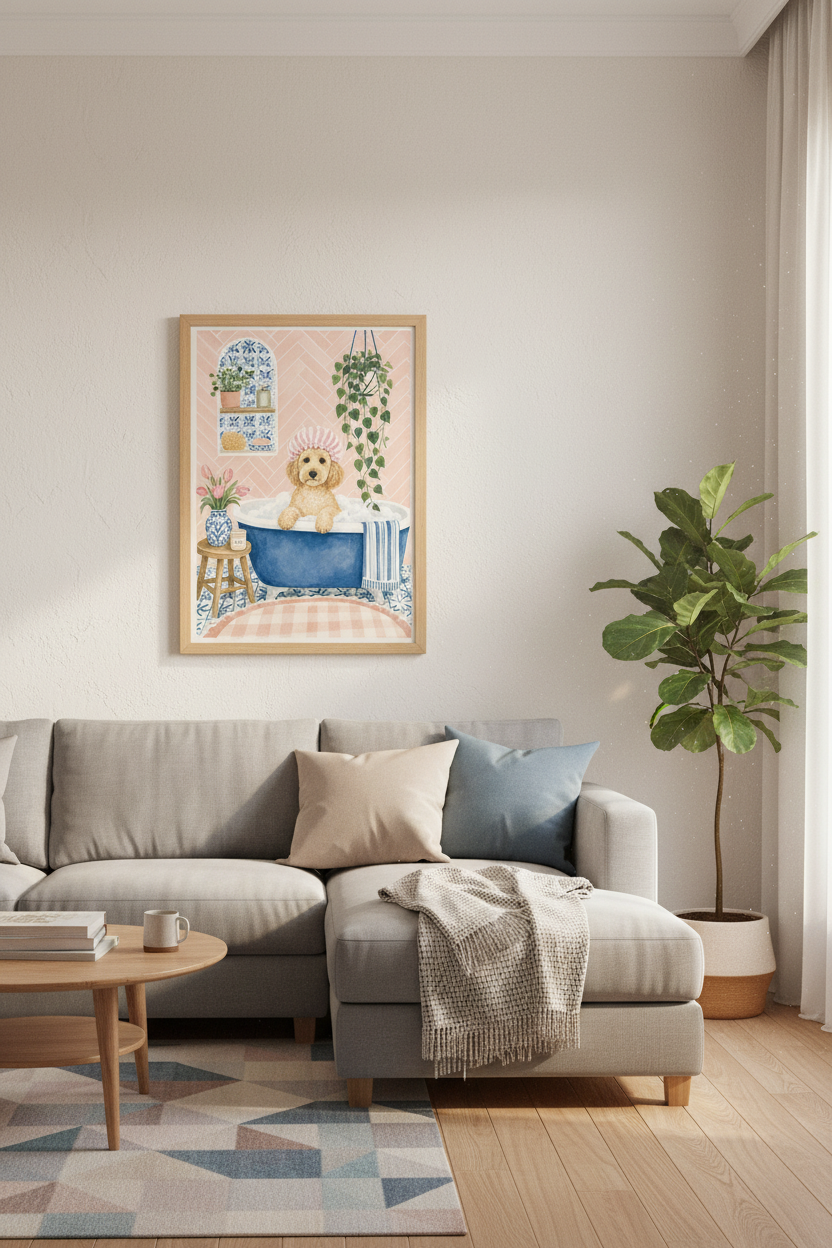 Cockapoo in Bathtub Wall Art | Pink &amp; Blue Bathroom Decor | Funny Dog Poster