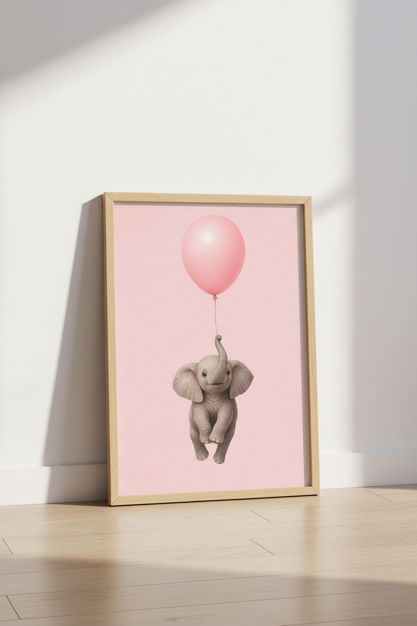 Pink Elephant Nursery Wall Art | Cute Baby Animal Poster, Girl Room Decor