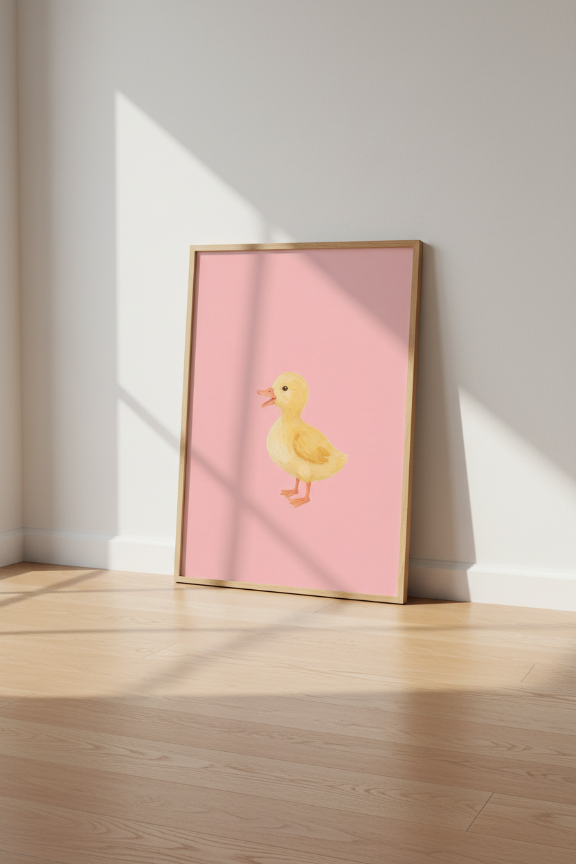Cute Baby Duckling Art Print | Pink &amp; Yellow Nursery Decor | Whimsical Animal Poster