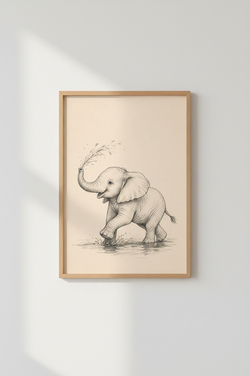 Baby Elephant Sketch Wall Art | Playful Nursery Decor | Vintage Animal Poster
