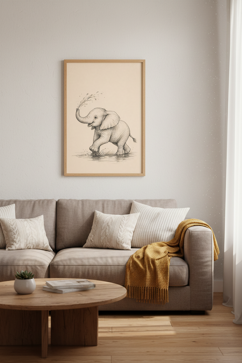 Baby Elephant Sketch Wall Art | Playful Nursery Decor | Vintage Animal Poster