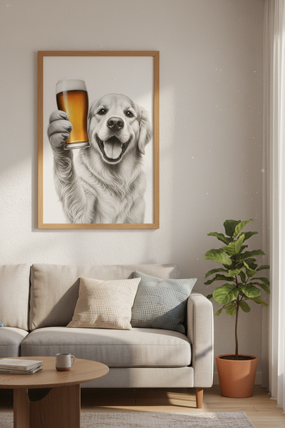 Golden Retriever Drinking Beer Wall Art | Man Cave Decor | Funny Dog Poster