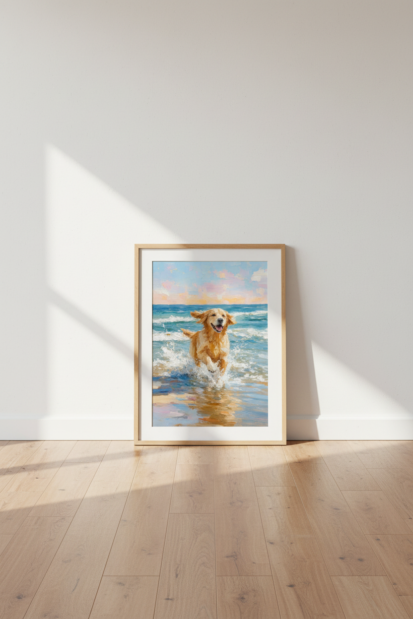 Golden Retriever Beach Wall Art | Coastal Dog Decor | Impasto Painting Poster