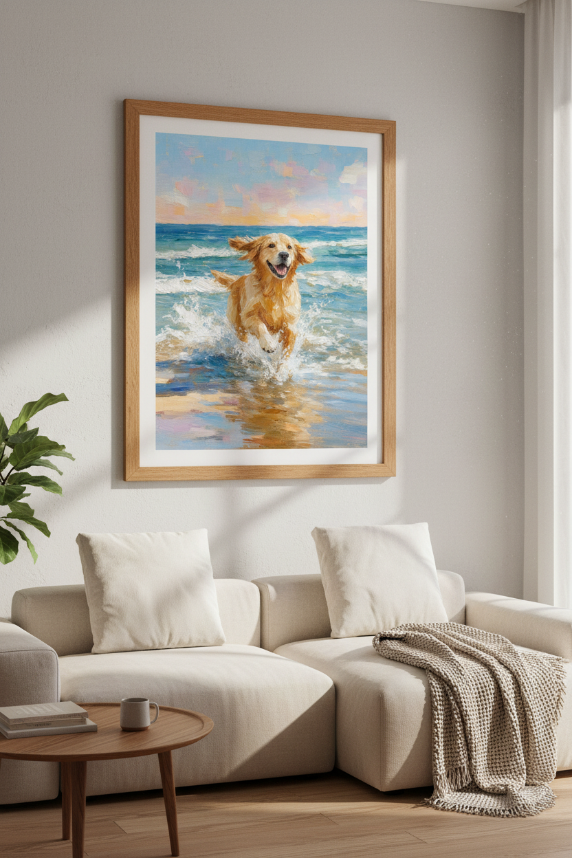 Golden Retriever Beach Wall Art | Coastal Dog Decor | Impasto Painting Poster