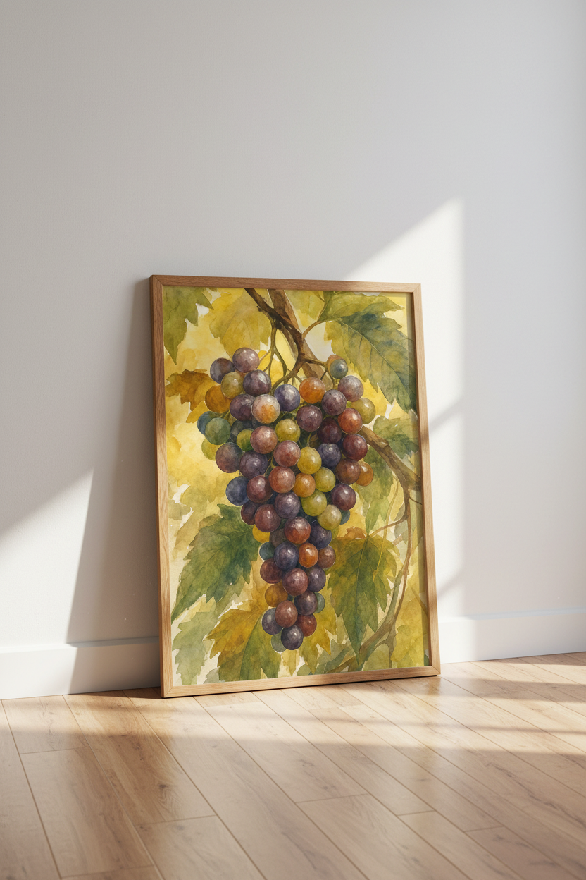 Watercolor Grapes Print | Vineyard Botanical Wall Art | Rustic Kitchen Decor Poster