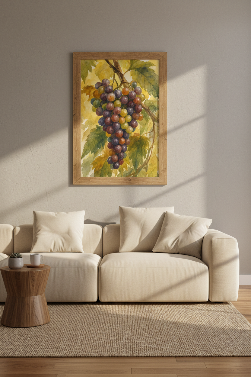 Watercolor Grapes Print | Vineyard Botanical Wall Art | Rustic Kitchen Decor Poster
