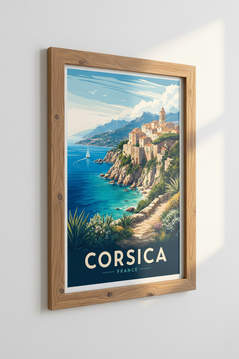 Corsica France Travel Poster | Mediterranean Coastal Wall Art, Vintage French Decor