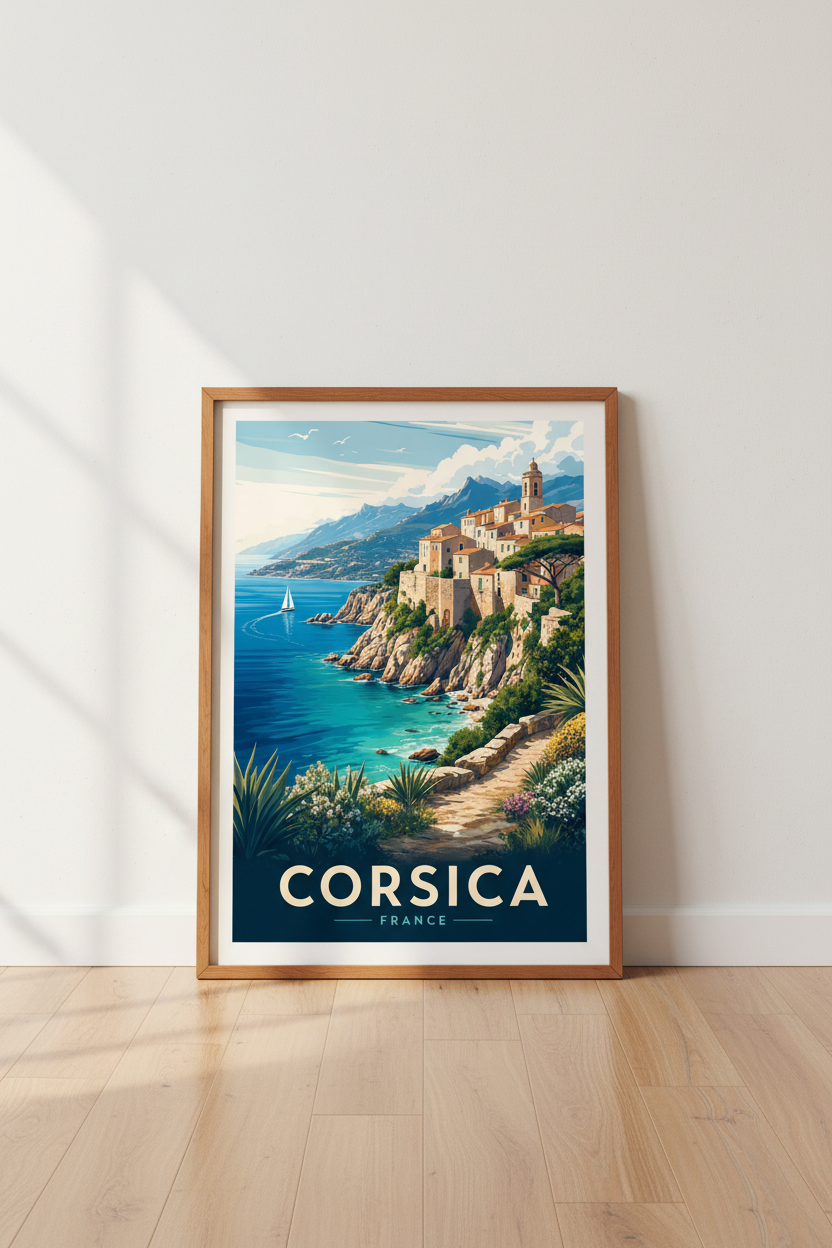 Corsica France Travel Poster | Mediterranean Coastal Wall Art, Vintage French Decor