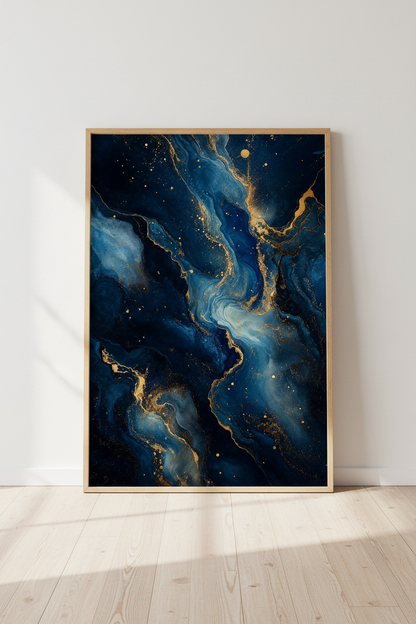 Blue and Gold Marble Wall Art | Navy &amp; Indigo Abstract Print, Living Room Decor