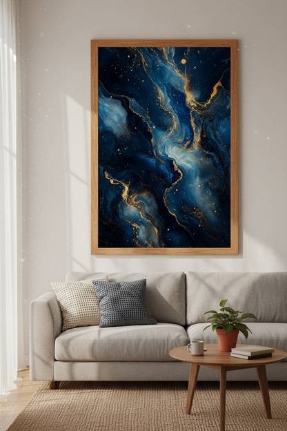 Blue and Gold Marble Wall Art | Navy &amp; Indigo Abstract Print, Living Room Decor